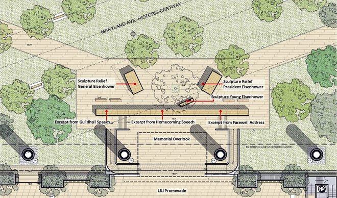 The site plan drawing shows that the memorial spans the blocks between 4th and 6th Streets SW near the intersection of Maryland and Independence Avenues SW, just off the National Mall.