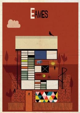 The iconic colorblocking of the Eames House, designed by the eponymous architect, appears in the "E" building.