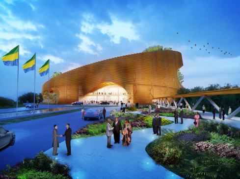 An exterior rendering of 
L’Assemblée Radieuse, showing the entry and arrival spaces.