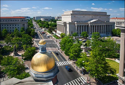 A view of the National Archives (right) and the Federal Trade Commission (left) from above 7th Street in Penn Quarter
