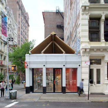 Camper store, Prince Street entrance and façade, with an art installation, by Ban, forming the gabled roof. 