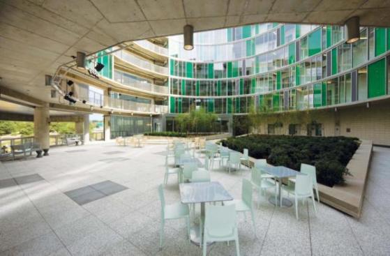 The Gateway building is centered around an open courtyard, situated atop a plinth of public spaces on the first and second floors. The courtyard has multiple functions: It admits daylight to the dormitory apartments and it functions as both an informal meeting space and outdoor performance venue. Outdoor theater lighting by Altman is suspended from 1 1/2-inch steel pipes and can be used to illuminate nighttime performances.