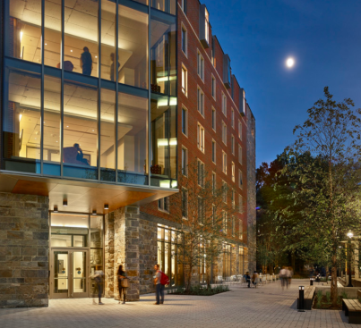 Pedro Arrupe residence hall at night