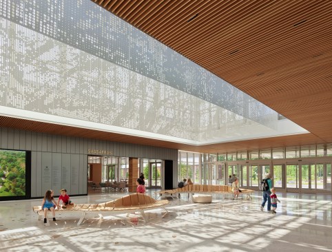 Dappled sunlight shines through the lobby lantern at the Jack C. Taylor Visitor Center