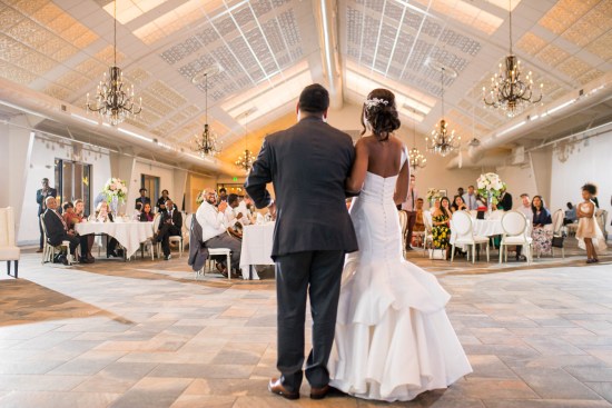 A system of color-changing LEDs above the ceiling throws a color wash onto the translucent Ceilume ceiling panels. The luminous ceiling can match the blue sky, the sunset, or the bridesmaids’ gowns. 