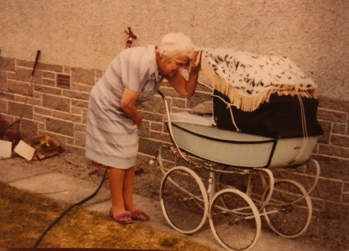 Margaret Millar with Silver Cross pram, 1982.