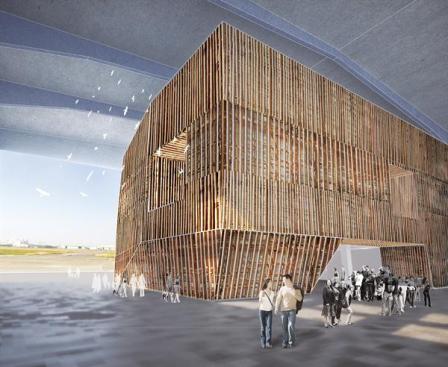 The freestanding bamboo-and-steel pavilion houses a theater for performances and exhibition space to show off plans for the larger Taichung Gateway development. Visitors can come to the hangar, walk around it and into the smaller building, and go up to a second-story platform to see out over construction on the larger site.