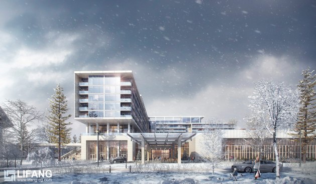 Snowy day exterior rendering by Lifang