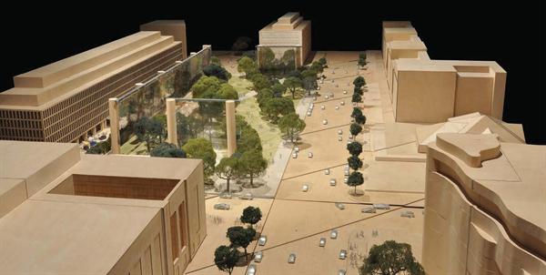 Aerial view of Eisenhower Square, showing woven metal tapestry panels supported by 80-foot-tall columns.