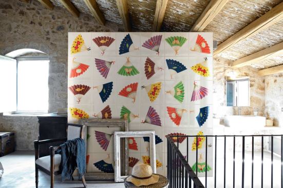 Designed to be mixed and matched with Orchestra, Bardelli’s Ventagli features a colorful array of fans on 16-inch-by-16-inch glossy white wall tiles. www.bardelli.it.