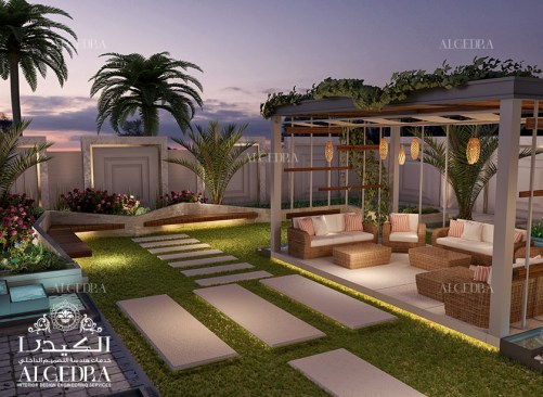 Lounge area in luxury villa garden