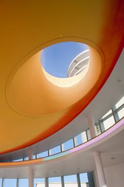 View of the spires that marked the entrance from the theater's 1993 renovation, as seen through one of the reception venue's three oculi.