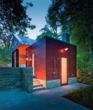 The mahogany volume houses a bath.