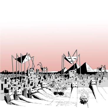 Sketch showing the new pyramids as steel spiders, and the chaotic city that is engulfing the fertile soil of the Nile