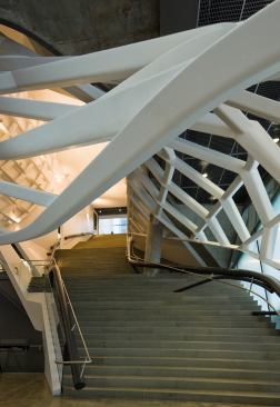 Morphosis Architects has designed open staircases and skip-stop elevators for projects including 41 Cooper Square in New York (shown). At its Caltrans District 7 Building in Los Angeles, a study found that the open staircase next to a skip-stop elevator is used 3,300% more than the enclosed stairs next to traditional elevators.