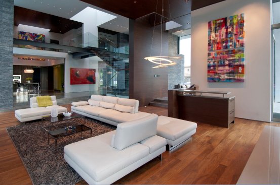 Modern Beverly Hills home open volume, high ceiling, open plan living room design.