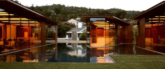 A view of the Daeyang Gallery and House. The water and floors form a base datum for the spaces, with the roofline as another datum.