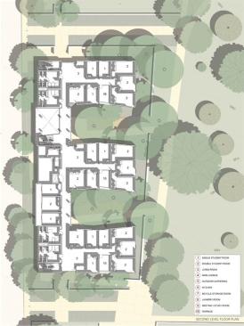 The projects site plan. Each living unit provides enough space to accommodate 10 to 12 students.