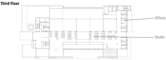 OPEN STUDIOS 
The studio spaces are not only open to each other, but also to the first-floor critique bridge, a space with rotating pinup boards and room for classes to gather. "Anything can happen in this space," says Predock. "It is the pulse of an architecture school. Here it's not locked away, it's at the crossroads." The open studios themselves were a conscious change from what the school had before, and a positive one, says Schluntz: "You just sense the intensity. Because of the openness, there is a lot of wonderful engagement that we didn't have previously."