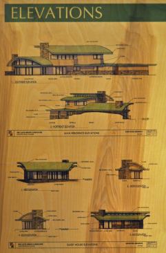 Elevations by Eric Lloyd Wright of the Santaranta main house and guest house, UV-printed on wood.