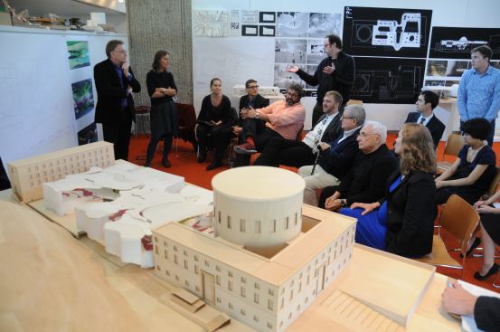 Paola Antonelli, Joel Sanders, Mark Foster Gage, Stanely Tigerman, Frank Gehry, Maia Small, with student for Greg Lynn Final Review.