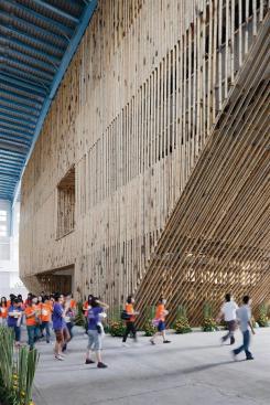 The pavilion's bamboo fa?ade hides a steel-framed structure.