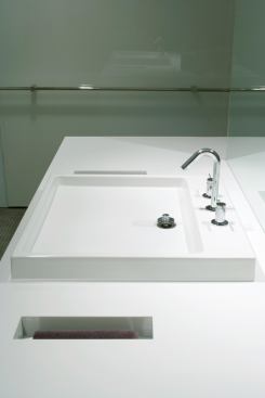 Hand towels hang unobtrusively on slots in the countertop.