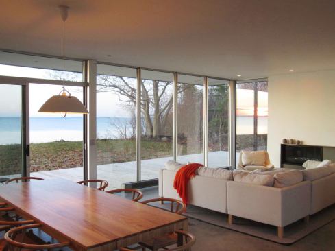 The main living area offers an unobstructed view of the lake.