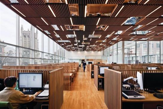 The engineering library has a wood-slat ceiling that again mimics the striations of the etched fa?ade panels. Inset mirrored panels reflect the students working and also reflect daylight to brighten the space.