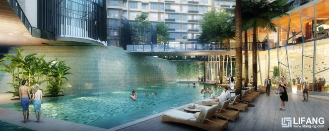 Swimming pool rendering in the hotel