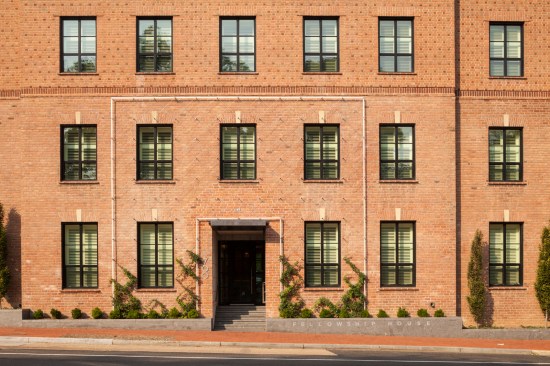 Brick facade with steel-cable vegetation training system