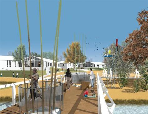 The meandering stream in this LEED ND pilot project, designed for Habitat for Humanity, is a recreational alternative to the conventional drainage ditch. 