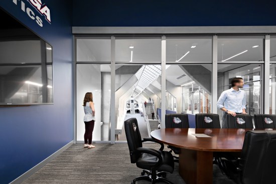 Located adjacent to the coaches’ offices and banquet space, this conference space is also used for meetings with potential recruits and their parents.