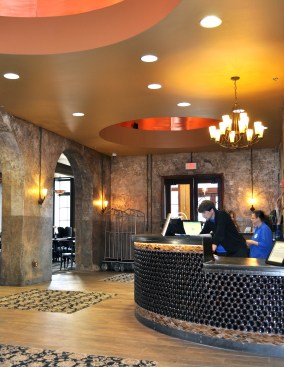 Includes recycled brown beer bottles in reception desk