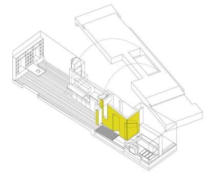 The apartment's dumbbell configuration consists of two rooms measuring 16 feet by 11 feet, bridged by a narrow space.