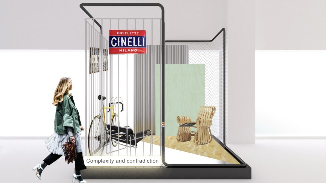 A collage of the "Complexity and Contradiction" installation at Knoll and OMA's "Knoll Celebrates Bauhaus" exhibit on display from April 9 through April 19 in Milan.