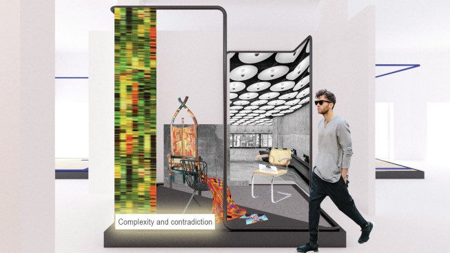 A collage of the "Complexity and Contradiction" installation at Knoll and OMA's "Knoll Celebrates Bauhaus" exhibit on display from April 9 through April 19 in Milan.