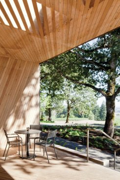 Outdoor seating on the wooden deck.