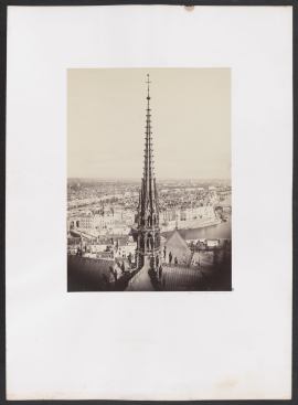 Notre-Dame, Paris, France. View showing the new spire designed by architect Viollet-le-Duc. Photograph by Charles Marville, circa 1860. The view is towards the Île Saint-Louis.