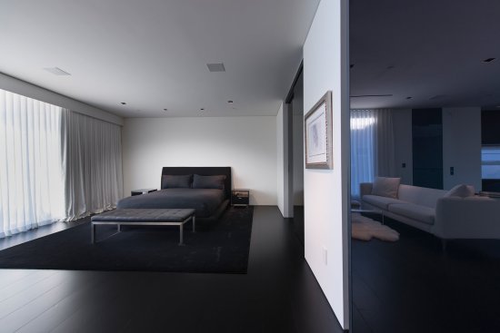Georgina Avenue Santa Monica modern home primary bedroom minimalist black and white design