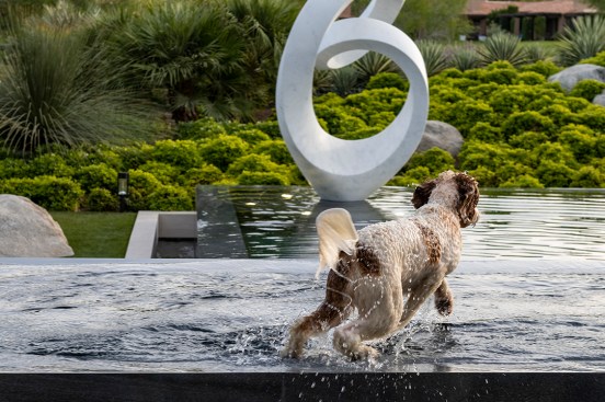 Serenity Indian Wells luxury modern home swimming pool with Richard Erdman sculpture