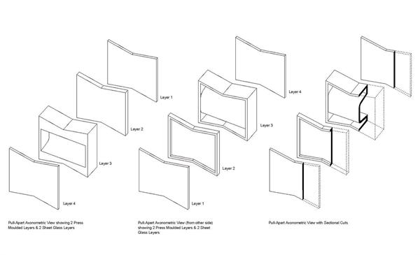 Exploded axonometric diagrams showing the glass layers of the block.