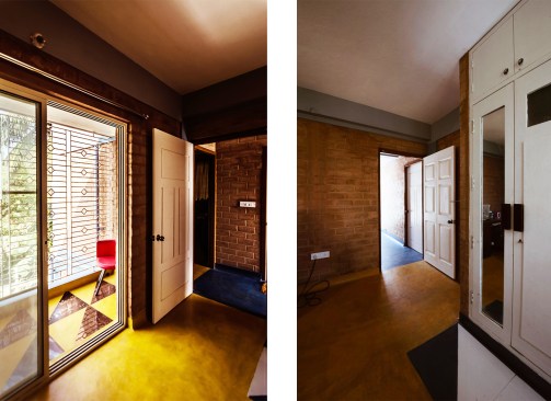 The bedroom welcomes warmth of the city, with the colour yellow and inlaid vitrified tile pieces and the wardrobe shutters are retrofit old wooden doors.
