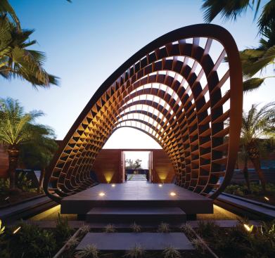 The basket pavilion welcomes visitors entering from the motor court and harks back to the island's basket-weaving traditions.