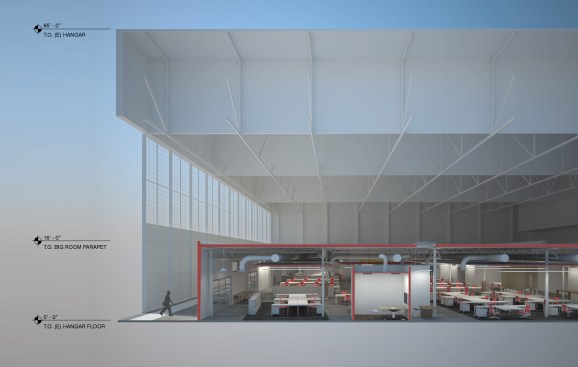 Sectional Perspective showing the Big Room inside the existing airplane hangar