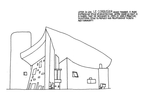 Another sketch of one of Le Corbusier's masterpieces, Notre Dame du Haut.