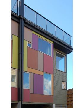 Originally developed by artists, the project’s color-blocked metal siding lets you know that these are no ordinary townhomes. 
Project: Magnolia Lofts, Seattle, Wa.; 
Architect: Matthew Stannard, Seattle, Wa.; 
Developer: Residential Seattle, Seattle, Wa.; 
Builder: Mark Horiuchi, Seattle, Wa.,