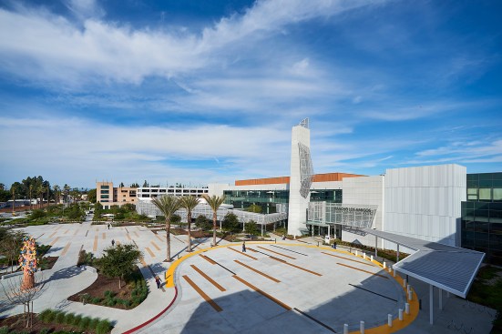 At the heart of the campus are large plaza and landscape areas