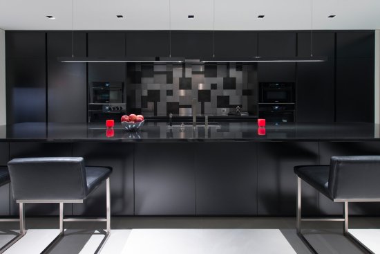 Georgina Avenue Santa Monica modern home kitchen breakfast bar with all black palette
