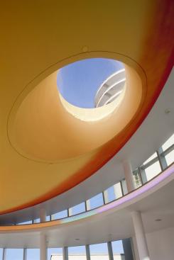 View of the spires that marked the entrance from the theater's 1993 renovation, as seen through one of the reception venue's three oculi.